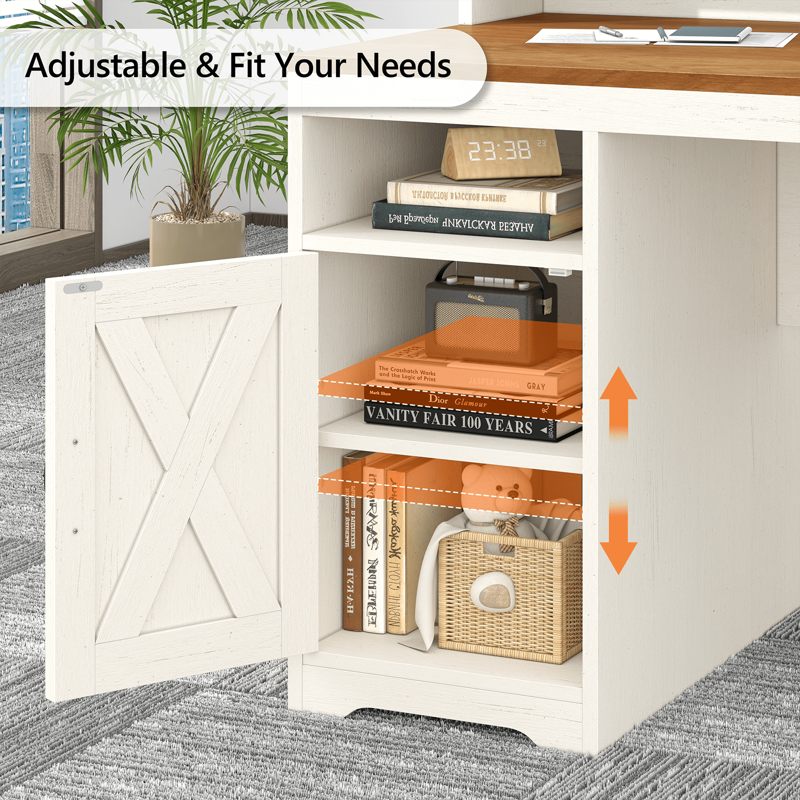 Farmhouse Computer Desk with Drawers, 65'' Home Office Desk with Power Outlets, Storage Cabinet and Printer Stand, Study Writing Desks with Long Monitor Stand, Brown and White