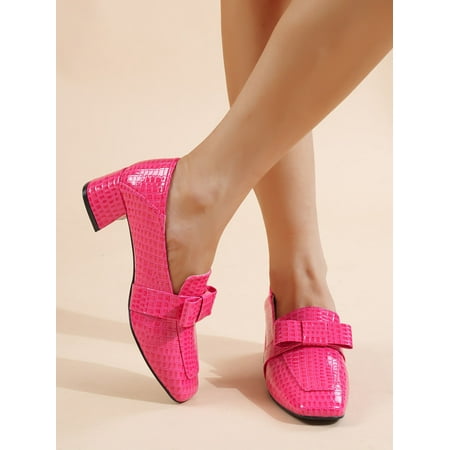 

Neon Pink Embossed Bow Decor Loafer Pumps Women‘s Footwear