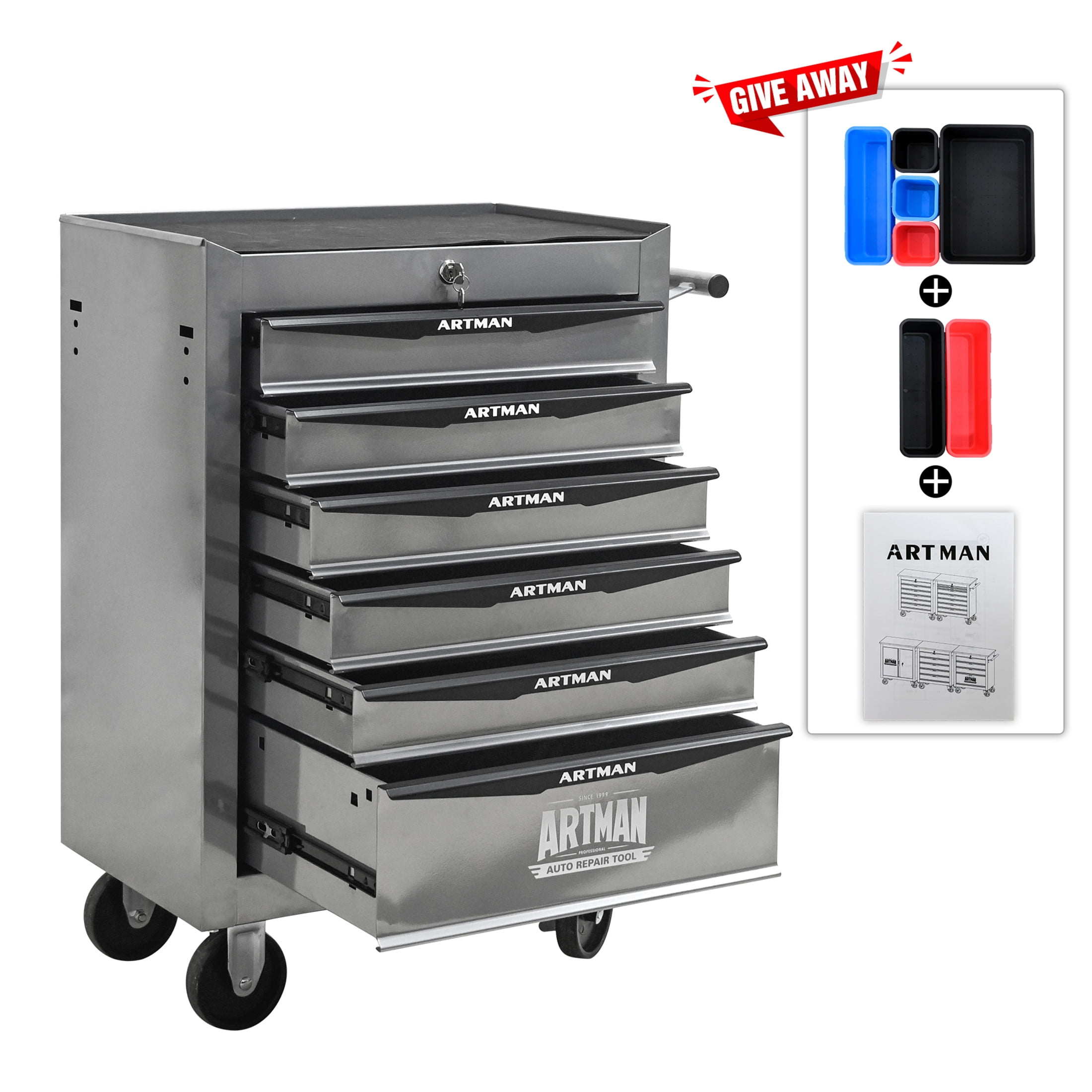 Noble House 6-Drawer Mobile Steel Tool Organizer with Key Lock, Ball Bearing Slide Storage Cabinet Box, Silver