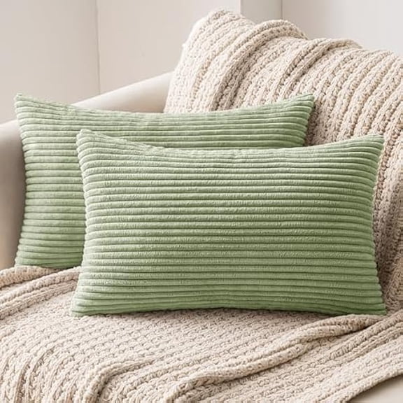 Eryueer Set of 2 Striped Corduroy Square Throw Pillow Case Soft Cushion Covers Sham Home for Sofa Couch/Bedroom Decorative Fluffy Large Pillowcases 12x20 Inch 30x50cm Sage Green