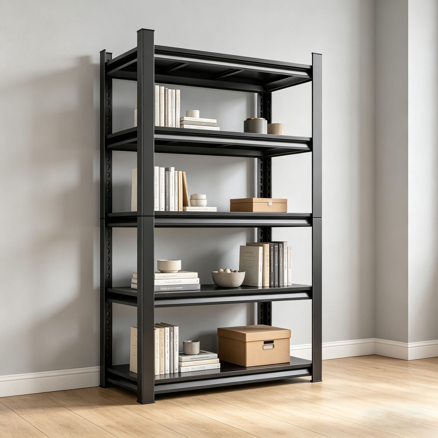 S-HOME 5-Tier Adjustable Height Metal Storage Shelving Unit in Black, 71.20 Inches Tall, Industrial Utility Bookcase for Home