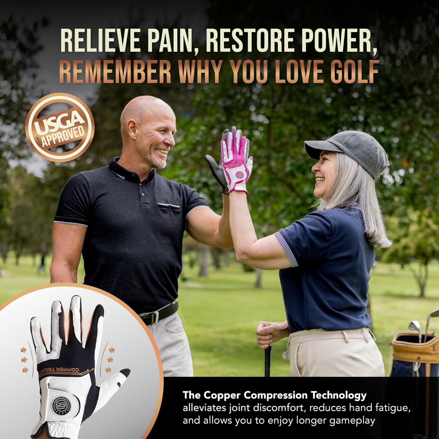 Copper Tech Golf Gloves Men (2 Pack)| Copper Compression Joint Support | Flexible & Comfortable Fit with AAA Leather (White/Black, Small, Left)