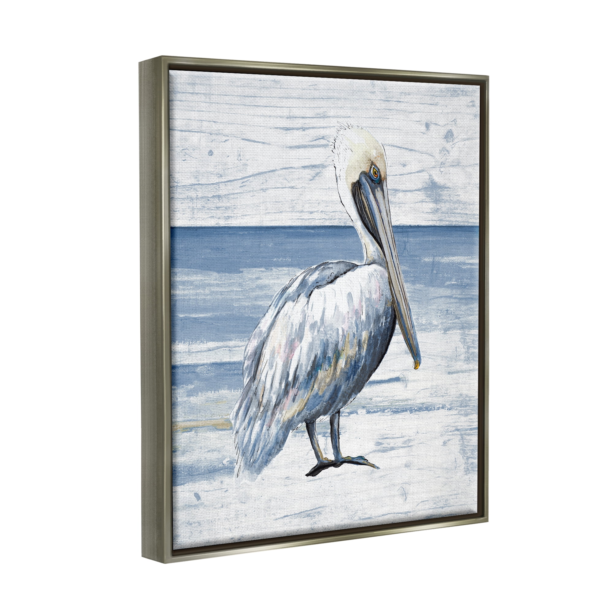 Stupell Industries Rustic Plank Pattern Pelican Animals & Insects Painting Gray Floater Framed Canvas Art Print Wall Art, 25 x 31