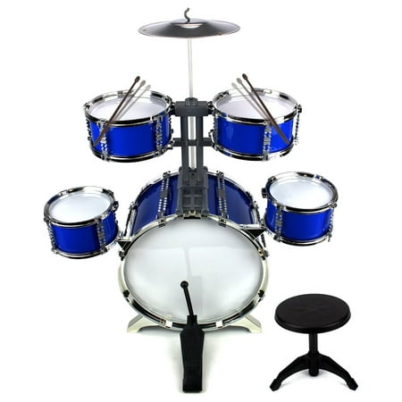 Round Drum Supreme Rhythm Jazz Big Size Children Kid's Musical Instrument Toy Drum Playset w/ 5 Drums, Cymbal, Chair, Kick Pedal, Drumsticks (Blue) ()
