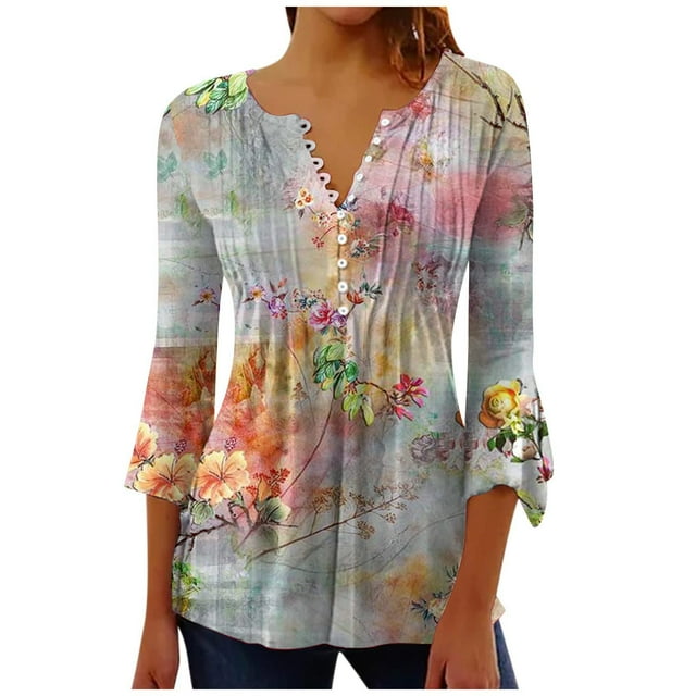 Pompotops Tunique Décontractée à Manches 3/4 Imprimée Florale Col en V pour Femmes Chemises Basiques d'Été Blouse Plissée Liquidation