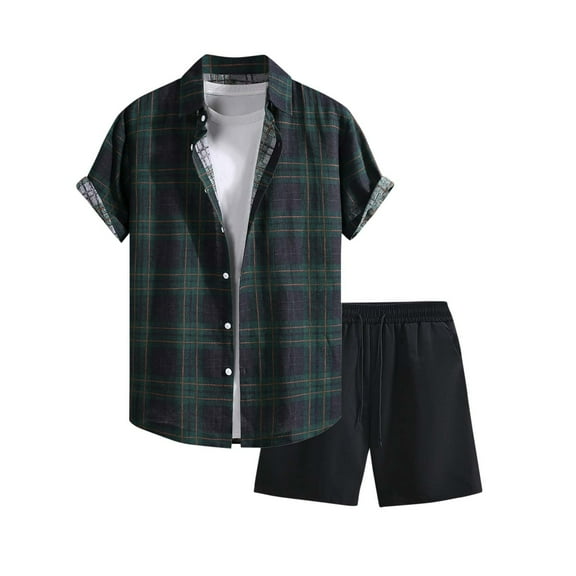 Stamzod Mens Summer Outfits 2PC Fashion Plaid Printed Short Sleeve Shirts and Shorts Set Daily Casual Short Sets for Men Green S