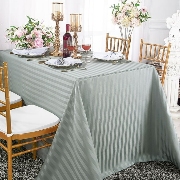 Wedding Linens Inc. 90"x 132" Rectangular Striped Banquet Jacquard Polyester Tablecloths - Silver