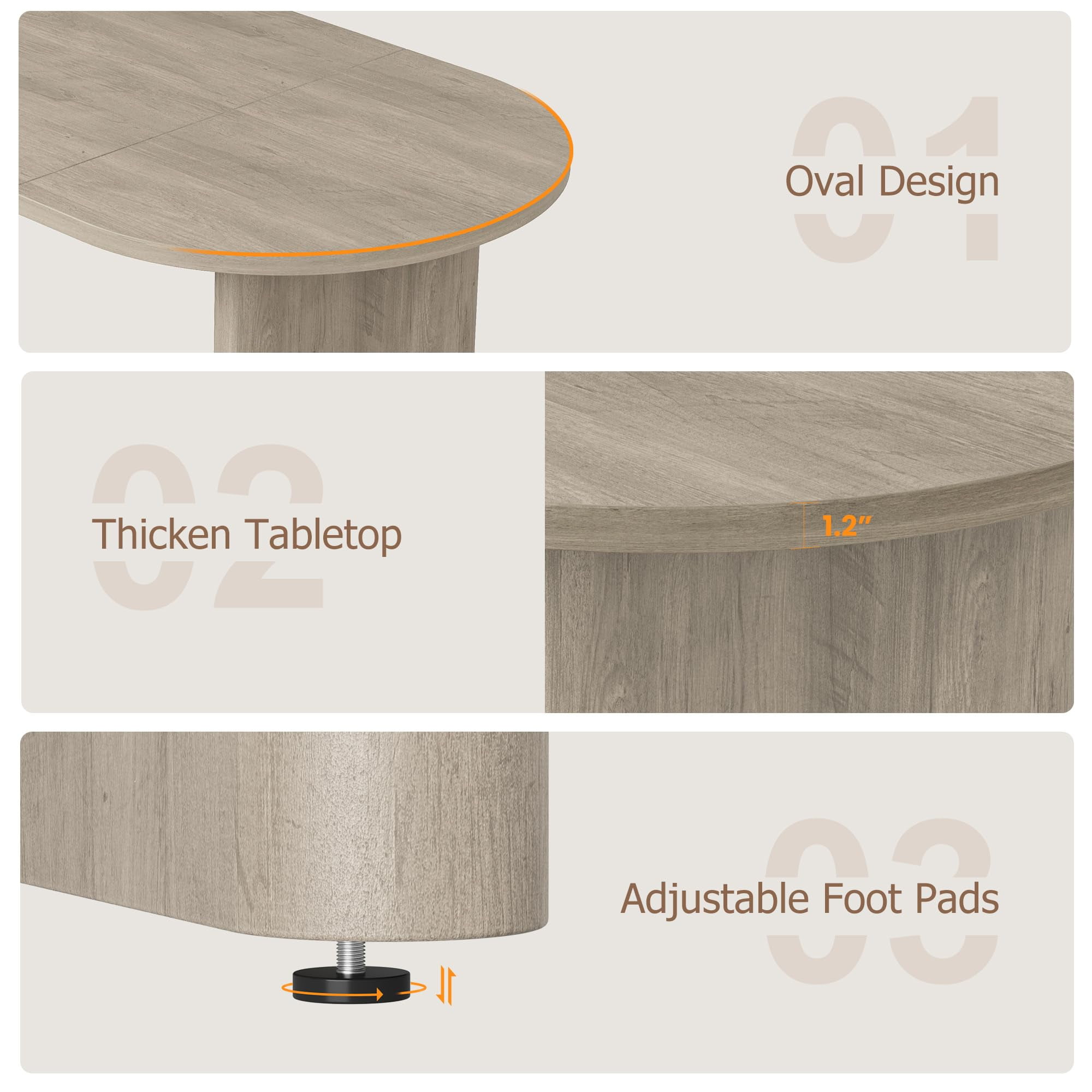 Kicctian Oval Dining Table for 4-6, Spacious Tabletop with Thick Sturdy Wooden Base, Versatile Kitchen Table for Dining Room, Living Room or Kitchen,Grey