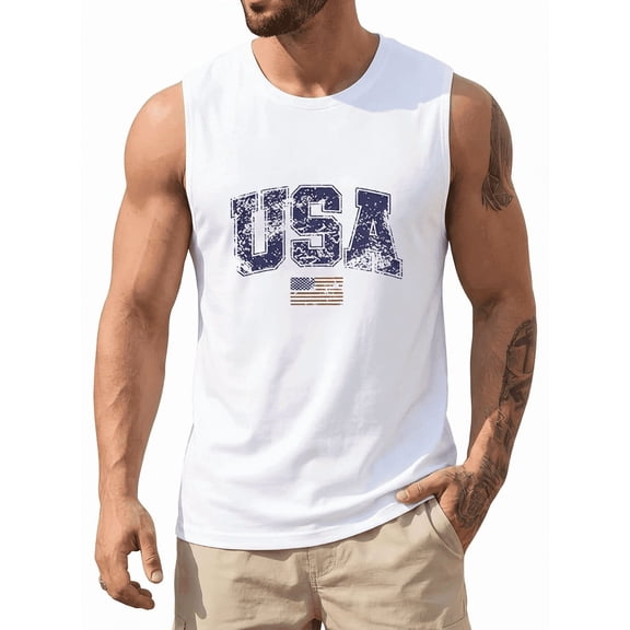 CJQCJQ Distressed USA Flag mens sleeveless shirts, Classic Patriotic 4th of July Muscle Top for Summer-White,XL