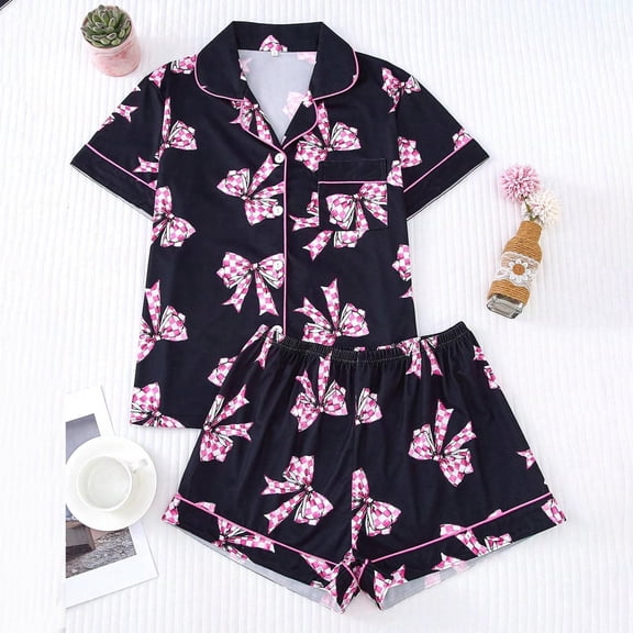 Pajamas for Women Set 2 Pieces Short Sleeves Bow Print Lapel Pjs Tops & Shorts Cozy Button Up Short Sleeves Sleepwear Tops & Short Set (Black M)
