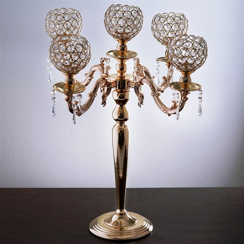 25" Tall 5 Arm Gold Crystal Beaded Globe Metal Candelabra Candle Holder