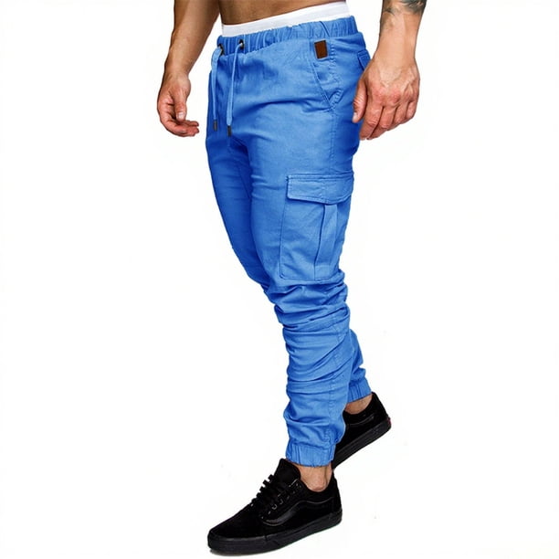 Pantalones largos para hombre, informales, de color liso, con bolsillos, cintura elástica, cordón ajustable y tobillos, deportivos, de poliéster.