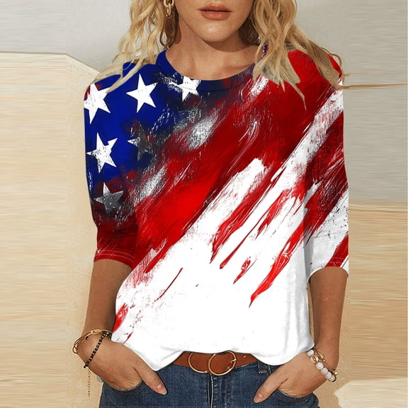 CLOISE Womens Pullover Tops 3/4 Sleeve American Flag Plus Size Red White Blue Shirts Crewneck Holiday USA Themed Tshirt Loose Patriotic Outfits