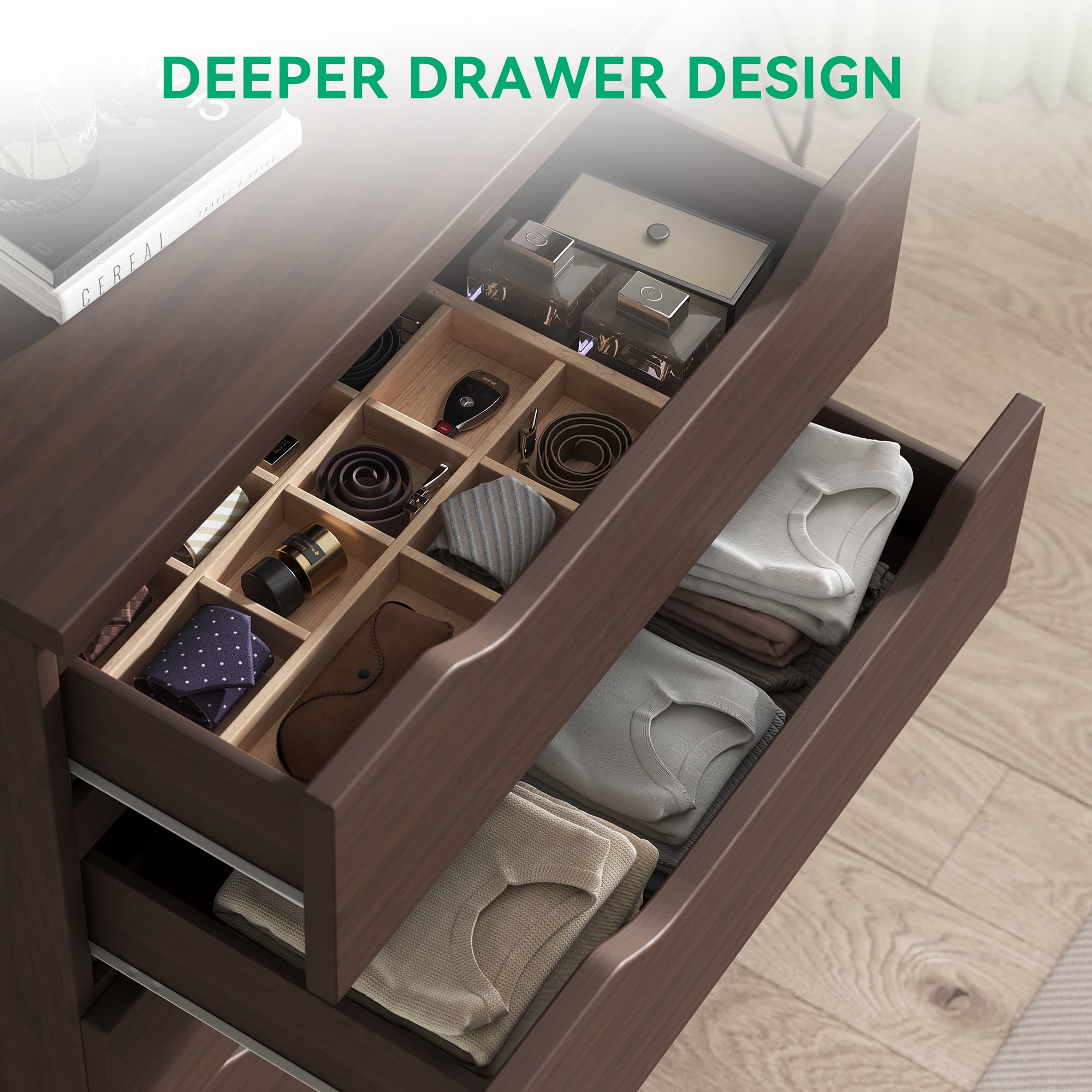 Vipuse Brown Tall 5 Drawer Dresser for Bedroom with Hidden Storage Design, Large Modern Closet Dressers & Chests of Drawers with Cut-Out Handles, 27.6" L*15.8" W*45.3" H for Bedroom,,Brown