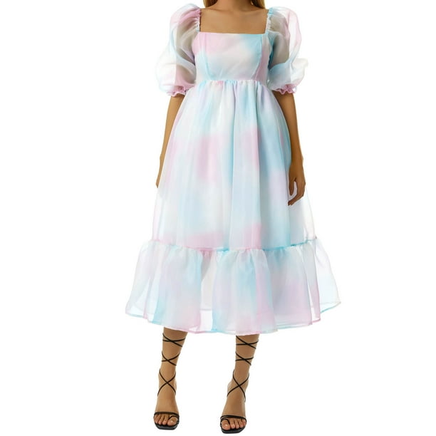 Women's Puff Sleeve Tulle Princess Dress Square Neck Mesh Ruffle Bubble Dress