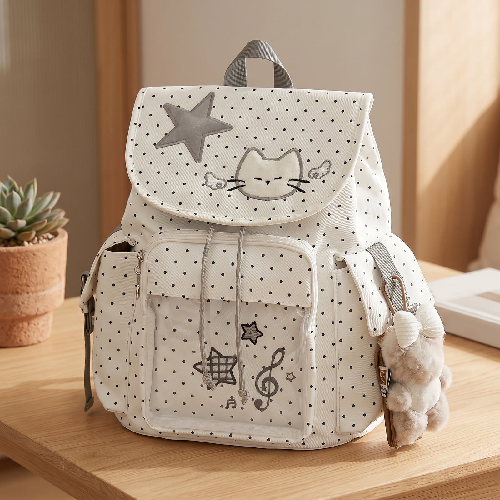 HUISZJ Polka Dot Cat School Backpack, Drawstring Schoolbag with Pendant, Large Capacity Laptop Backpack for Students College Travel, White