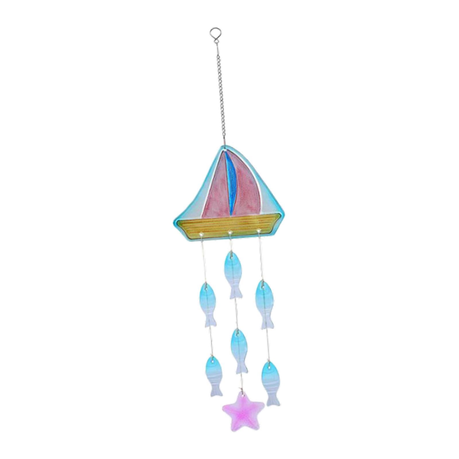 figatia Glass Sea Wind Chime Coastal Ornament Garden Hanging Windchime Pendant Windbell for Balcony Mom Women Home Farmhouse Entrance Boat 18.2x62.5cm