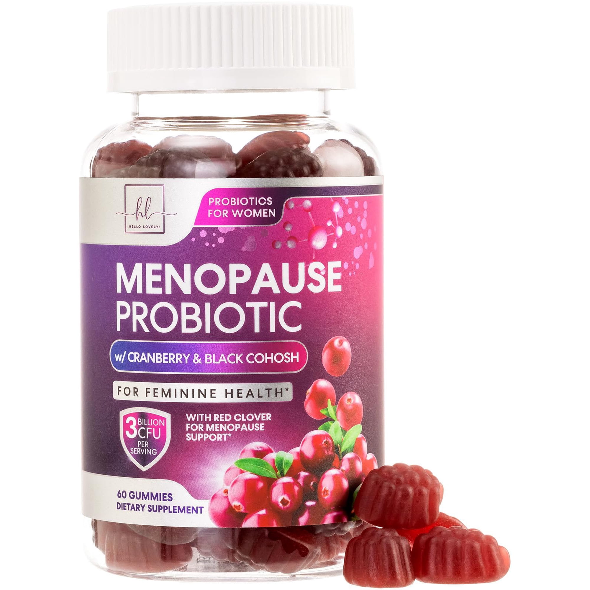 Menopause Supplements for Women Gummies - Natural Black Cohosh, Cranberry, 3 Billion CFU Probiotics - Complete Menopause Relief for Hot Flashes, Night Sweats, Vaginal Health Support - 60 Gummies