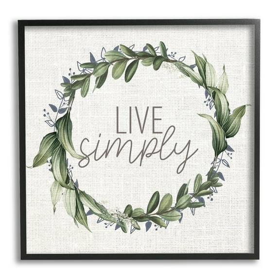 Stupell Industries Live Simply Phrase Green Botanical Leaf Wreath Graphic Art Black Framed Art Print Wall Art, 12x12, by Kim Allen