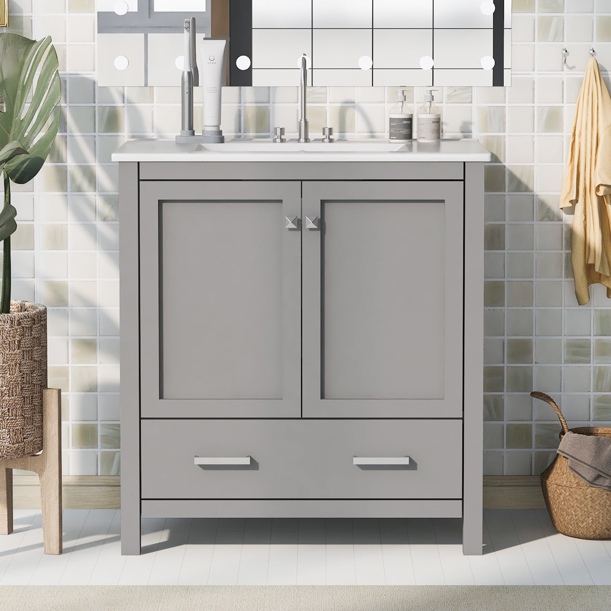Harper & Bright Designs 30" Bathroom Vanity with Sink Combo, Bathroom Cabinet with Ceramic Top, Multifunctional Storage Doors and Drawer, Gray