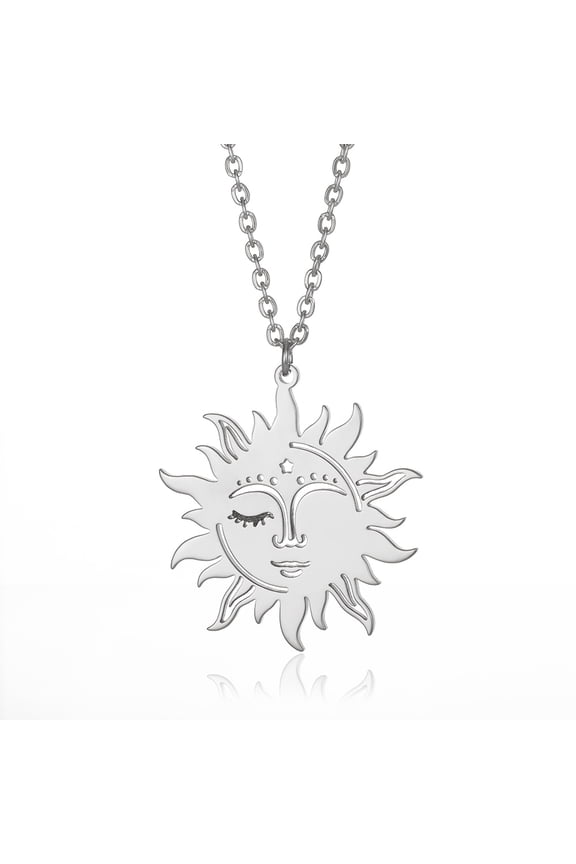 Fashion New Retro Sun Face Shiny Day Moon Pentagram Pendant Geometric Stainless Steel Necklace INS