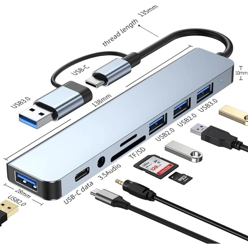 USB C Hub Pro 8 in 1 Multiport Adapter, 3 USB 2.0 Ports, 1 USB 3.0 Port, SD/TF Card Reader, 3.5mm Audio Port, Portable USB C Hub for Tablet, PC, Laptop, PS5/4, Switch, Flash Drive