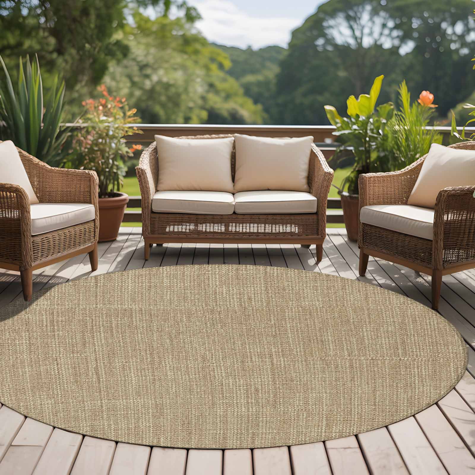 Brown Farmhouse Round Area Rug 6 FT, Non Slip Bedroom Area Rug, Vintage Country Monochrome Textured Washable Soft Circular Carpet Non-Shedding Floor Mat for Kitchen Dining Room Home Office Kids Room