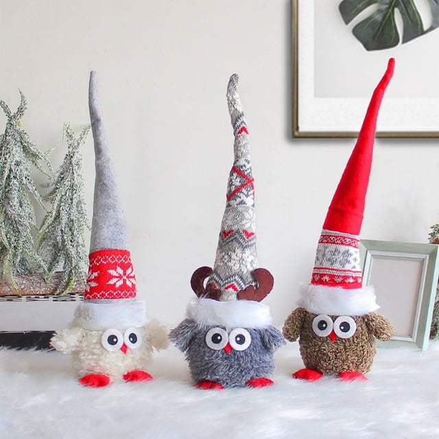 Figura de escritorio de búho | Sombrero alto puntiagudo para decoración del hogar - Tela de felpa tejida, núcleo de metal posable, exhibición de mesa navideña, gris blanco marrón, 17.7x5.5x3.5 in, 1