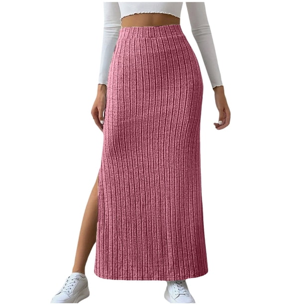 Falda lápiz midi elástica de punto acanalado de cintura alta para mujer: bajo con abertura, ajuste ceñido, ropa informal