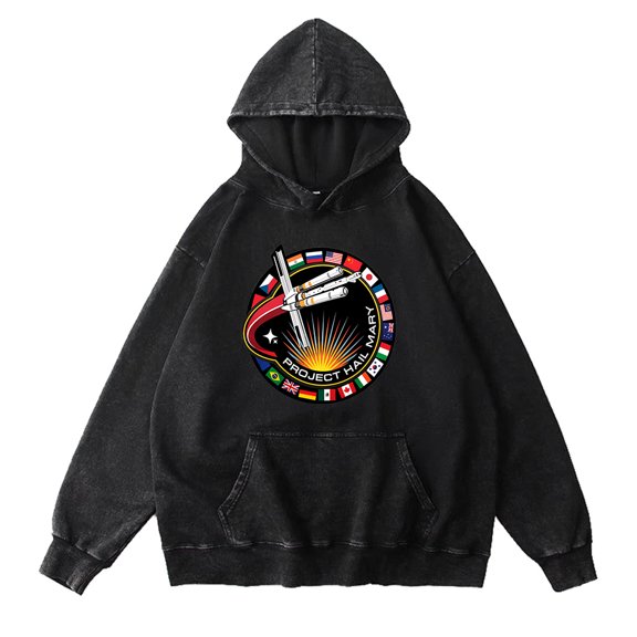 Project Hail Mary Movie Mission Patch Space Vintage Wash Hoodie - Unisex Cotton Pullover Sweatshirt Casual Streetwear Top for Sci-Fi Movie Fans Gift Merch