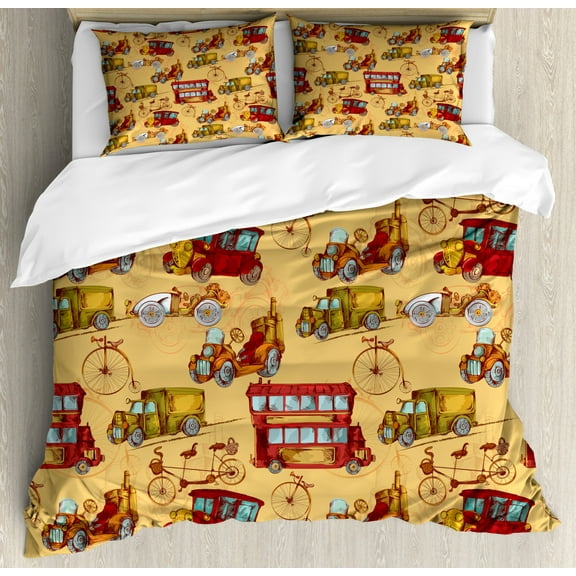 Cars Duvet Cover Set King Size, Steampunk Inspired Vintage Means of Transportation Colorful Retro Design, Decorative 3 Piece Bedding Set with 2 Pillow Shams, Mustard Red Olive Green, by Ambesonne