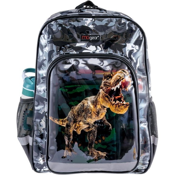 MyGift Clear 16 Inch T-Rex Dinosaur Backpack with Black Trim, Adjustable Padded Straps and Reflective Details for School and Travel