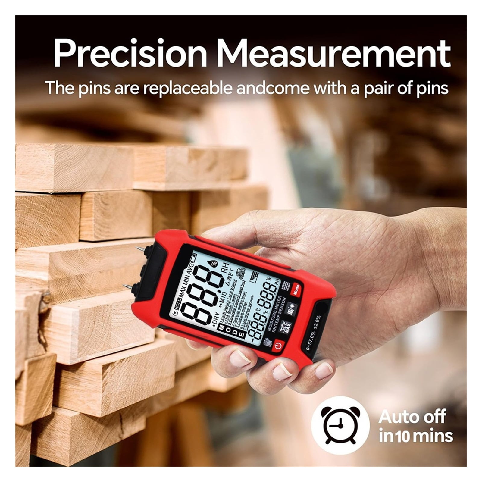 Probe Wood Moisture Detector Timber Hygrometer Display Digital Backlight Temperature Humidity Meter