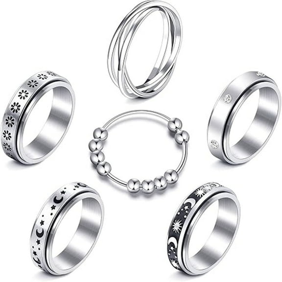 ZYHH 8Pcs Fidget Spinner Rings for Anxiety, Stainless Steel Stress Relief Spinning Ring with Moon Star Design, Anti Anxiety Rings for Women Men