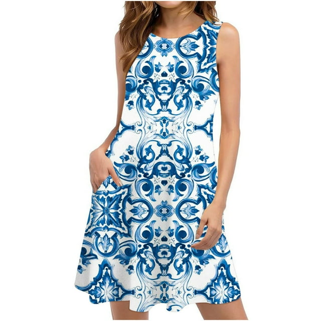 EGNMCR Robes d'Été Femmes Tendance 2024 Robes d'Été pour Femmes Plage Floral T-Shirt Robe Soleil Décontractée Poches Boho Robe Débardeur