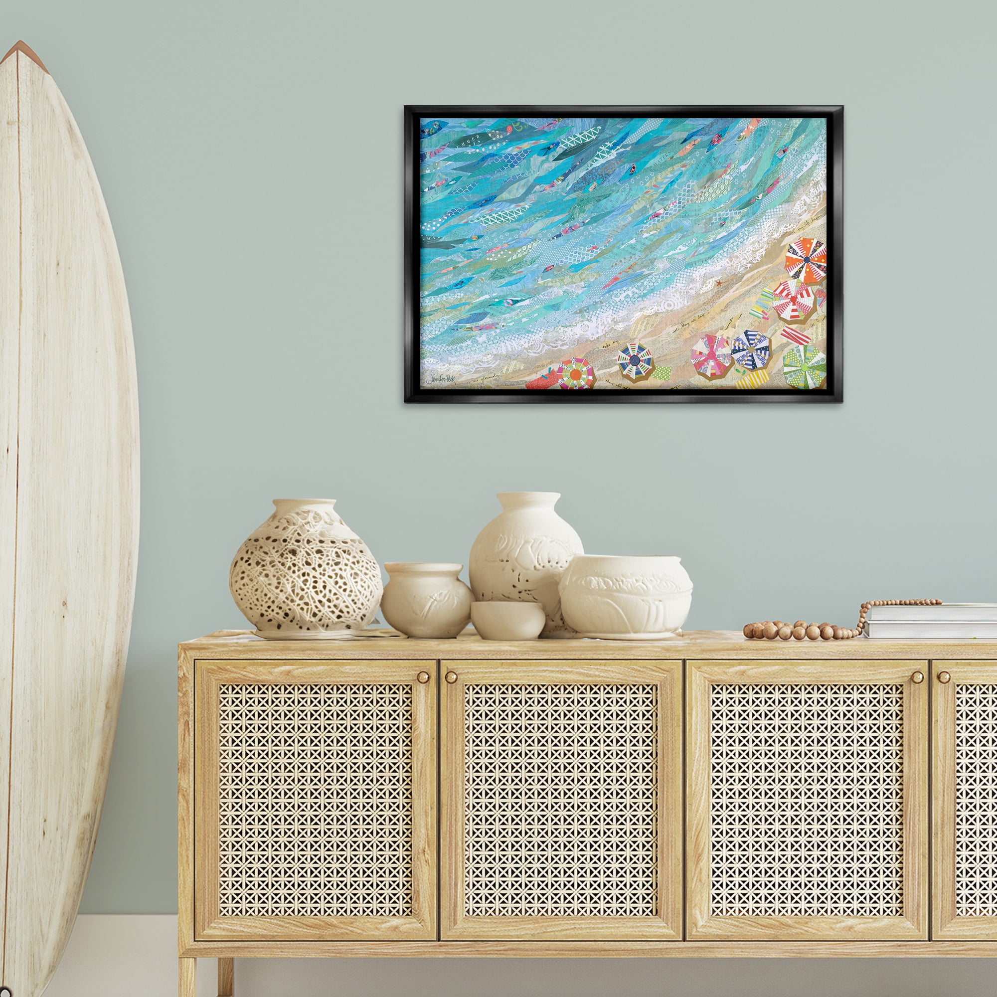 Stupell Industries Collaged Aerial Beach View Coastal Painting Black Floater Framed Canvas Art Print Wall Art, 31 x 21