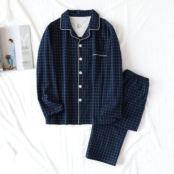 RKSTN Mens Pajamas Set Plaid Print Pajamas Sets Fall Lounge Solid Color Lapel Collar Button Down Long Sleeve Pjs Sets Comfortable 2 Piece Casual Winter Loungewear