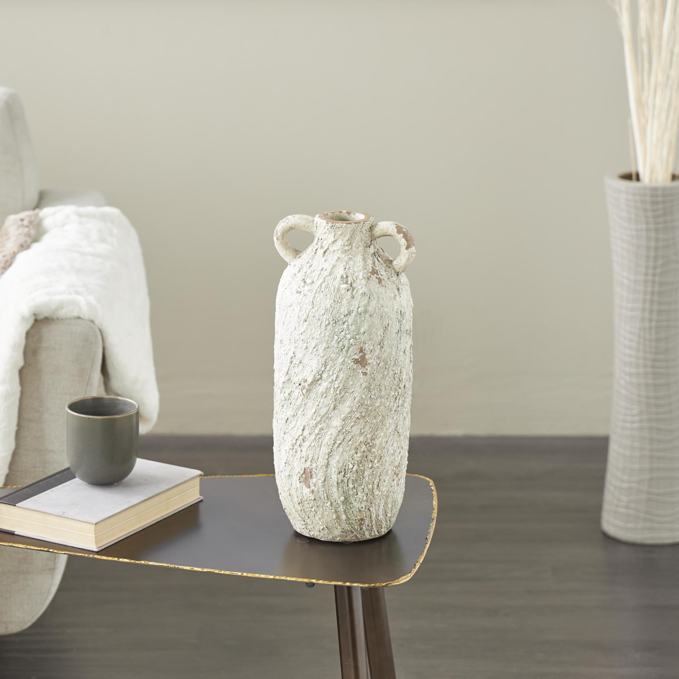 DecMode 15" Antique Textured Amphora Cream Magnesium Oxide Vase with 2 Small Handles