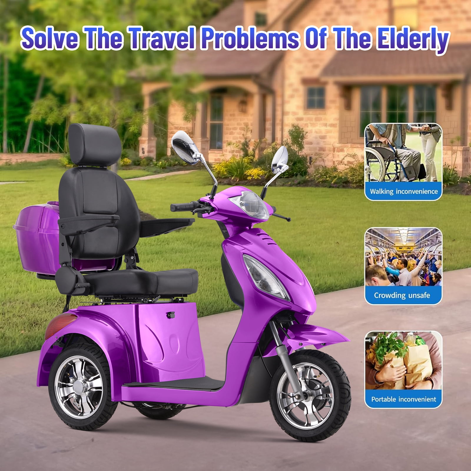Aoemoe Electric Heavy Duty Mobility Scooters, Large 3-Wheels Wheelchair Device, 500 LBS Capacity for Seniors & Adults, Speed Adjust, Remote Key, Ship Fully Assembled and Ready to Ride (Purple)