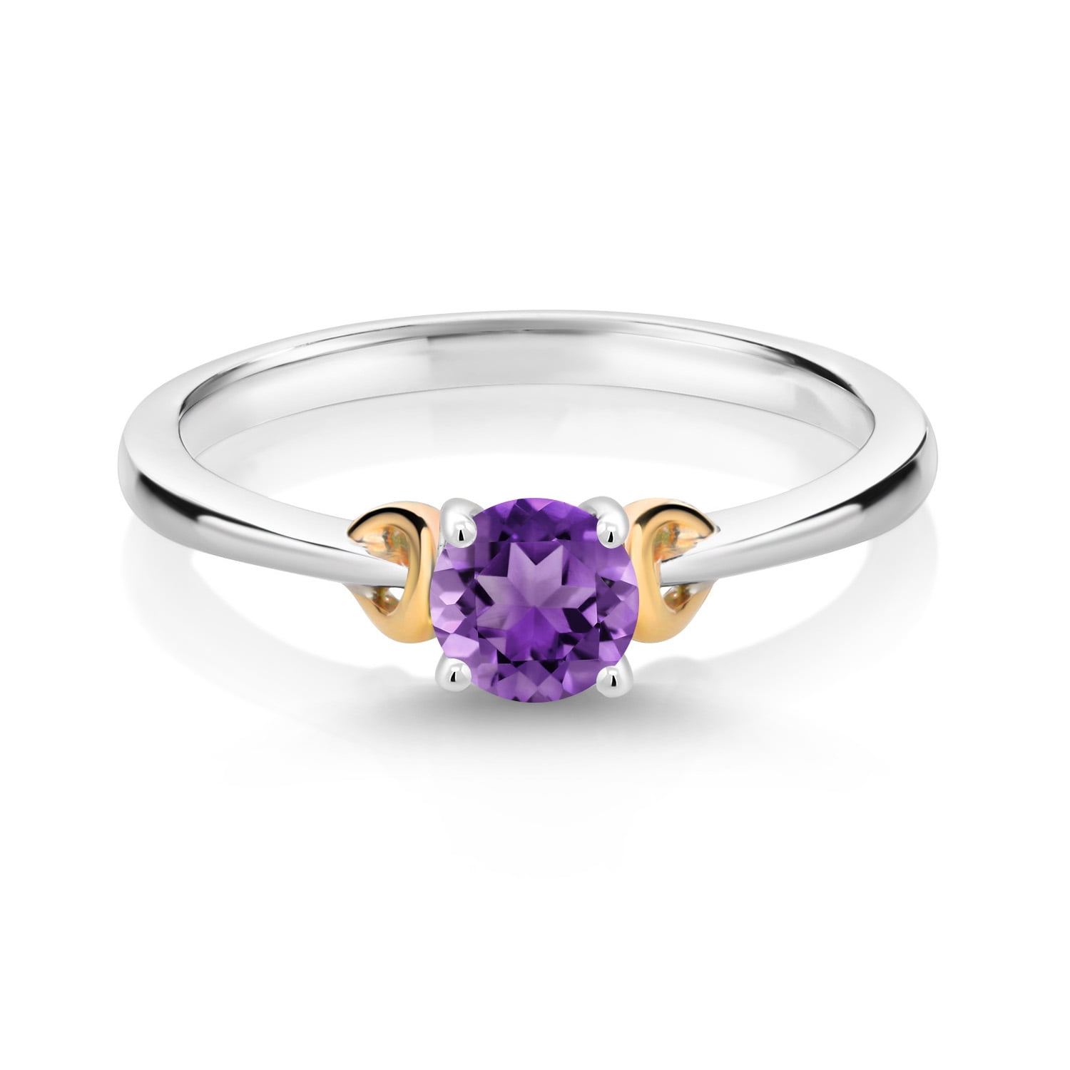 Gem Stone King 925 Sterling Silver and 10K Yellow Gold Purple Amethyst Solitaire Engagement Ring for Women (0.48 Cttw, Round 5MM, Gemstone February Birthstone, Size 6)