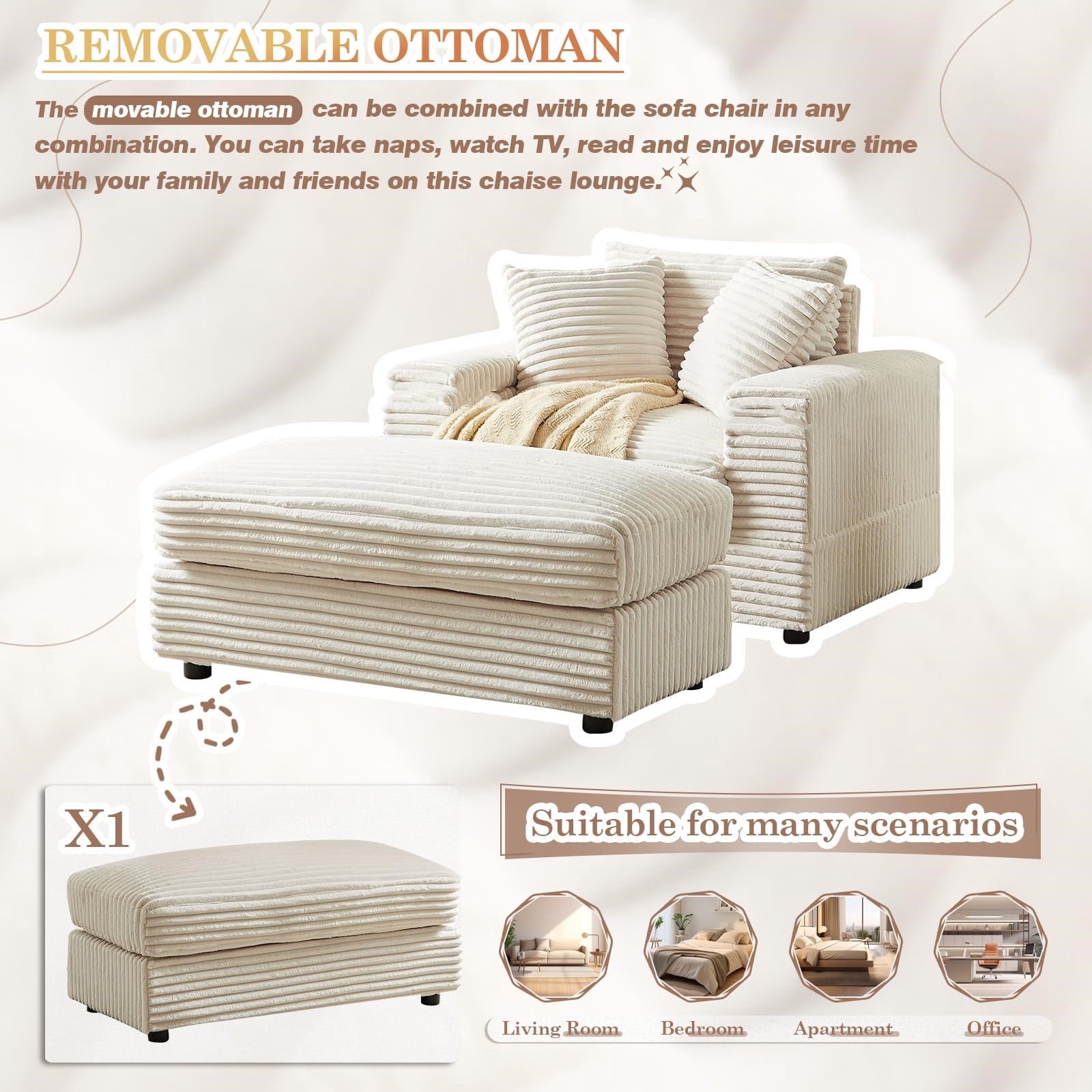 Aukfa 48" Inch Chaise Lounge, Oversized Sofa Chair with Ottoman, 3 Pillows, Corduroy, Beige