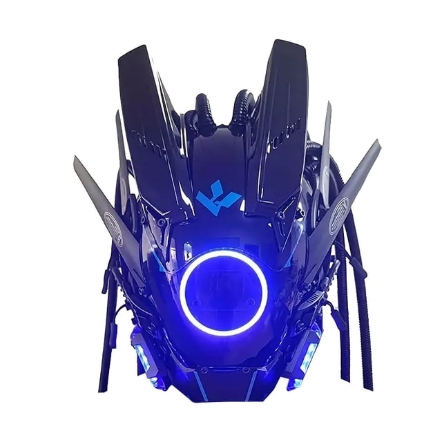 LED Light Up Mask with Round Lights and Wing Braid Design for Music Festival Cosplay Tech Helmet