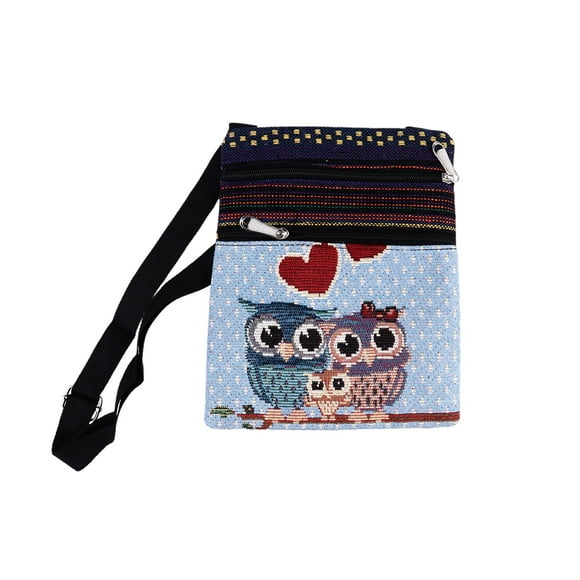 MasteelfCA Blue Jacquard Thread Shoulder Bag Three Owl Printing Shoulder Pouch Large Capacity Crossbody Bag Durable Portable Lady Outdoor Tote Bag