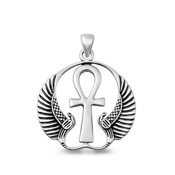 Sterling Silver Oxidized Ancient Egyptian Ankh & Wings Pendant .925 New Jewelry Female Unisex