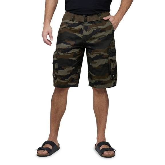 RAW X Mens Belted 12.5" Inseam Knee Length Cargo Shorts, Olive Camo, 42