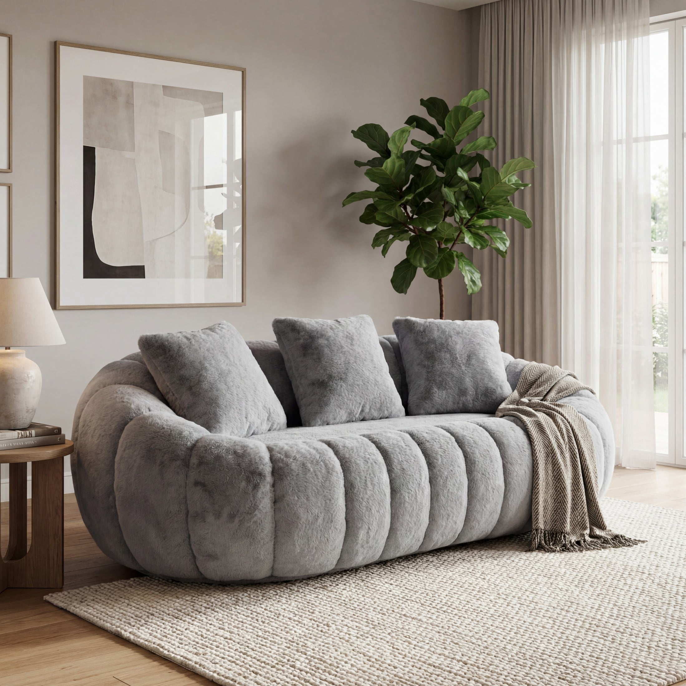 Aukfa Ultra-Soft Faux Fur Loveseat, 75.5" Floral Shaped Bean Bag Sofa with 28.5" Deep Seat for Living Room & Bedroom, Gray