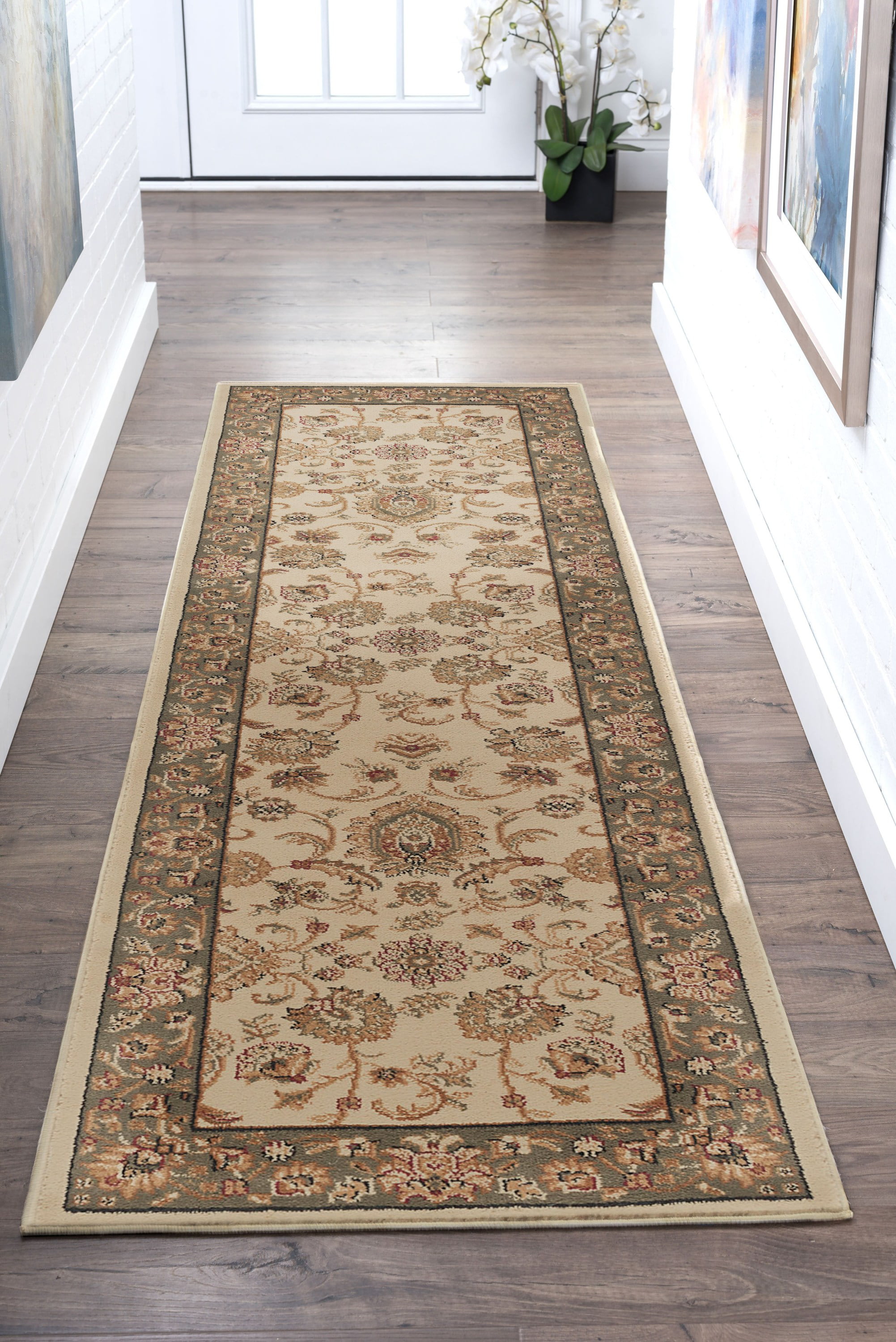 Transitional 2x8 Area Rug (2'3'' x 7'3'') Border Ivory, Moss Green ...