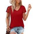 thumbnail image 4 of Summer Oversize Shirts for Womens Fashion Casual Loose Solid Color V-neck Lace Patchwork Short Sleeved Top, 4 of 9