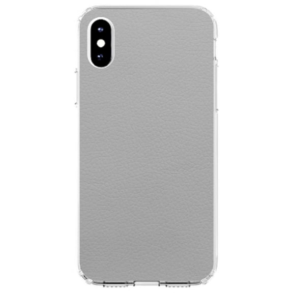 DistinctInk Clear Shockproof Hybrid Case for iPhone X / XS (5.8" Screen) - TPU Bumper, Acrylic Back, Tempered Glass Screen Protector - Lt Grey Faux Leather Print Design - Printed Faux Leather Image