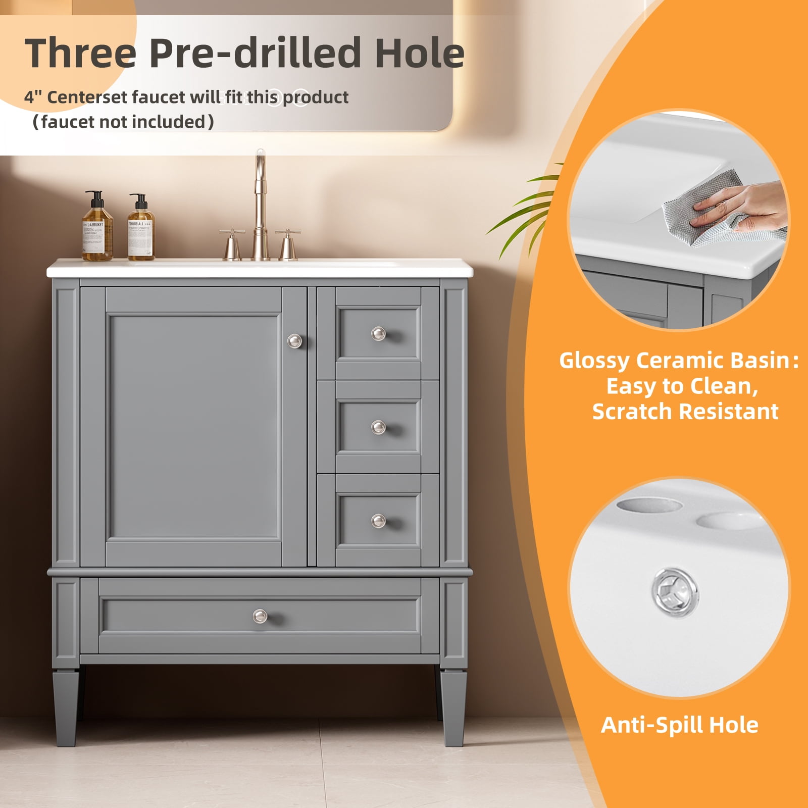 Euroco 30 Inch Bathroom Vanity with Ceramic Sink, Grey Bathroom with 3 Drawers, Solid Wood Frame Modern Bathroom Storage Cabinet , Ideal for Home